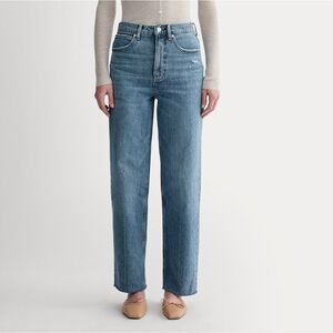 Everlane “the way high jean” in Distressed Wash Raw Hem Straight Leg